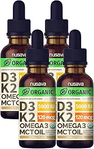 (4 Pack) MCT Oil Omega 3 ile Organik Vitamin D3 K2 Drops, 5000 IU, maksimum Güçlü D Sıvı - No Fillers, Non-GMO Sıvı D3 Daha Hızlı Apsiyon ve Immune Desteği (Vanilla, 4 Fl Oz)