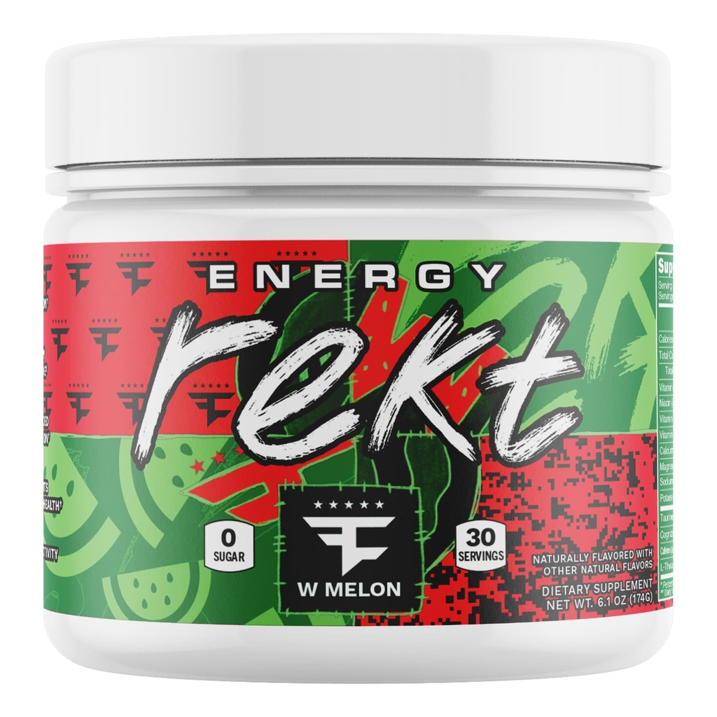 Rekt Energy + Focus Powder, Faze W Melon, Watermelon - Clean Energy, Zero Sugar, Zero Calories, 200mg Natural Caffeine, Nootropics, L-Theanine, Energy Drink Mix (30 Servings)