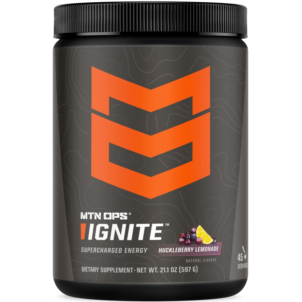 MTN OPS Ignite Sugar Free Energy Drink Powder with 200mg Caffeine, Nootropic Blend for Energy, Focus & Endurance, L Arginine & L Citrulline Pre Workout, 45 Servings, Huckleberry Lemonade