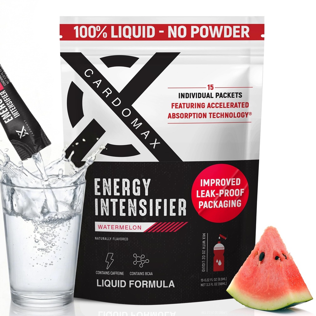 CardoMax Energy Drink Mix Packets - Liquid Caffeine Pre-Workout with BCAAs - Sugar-Free, Zero Calorie, Vegan, Keto - 15 Liquid Stick Packs, Watermelon