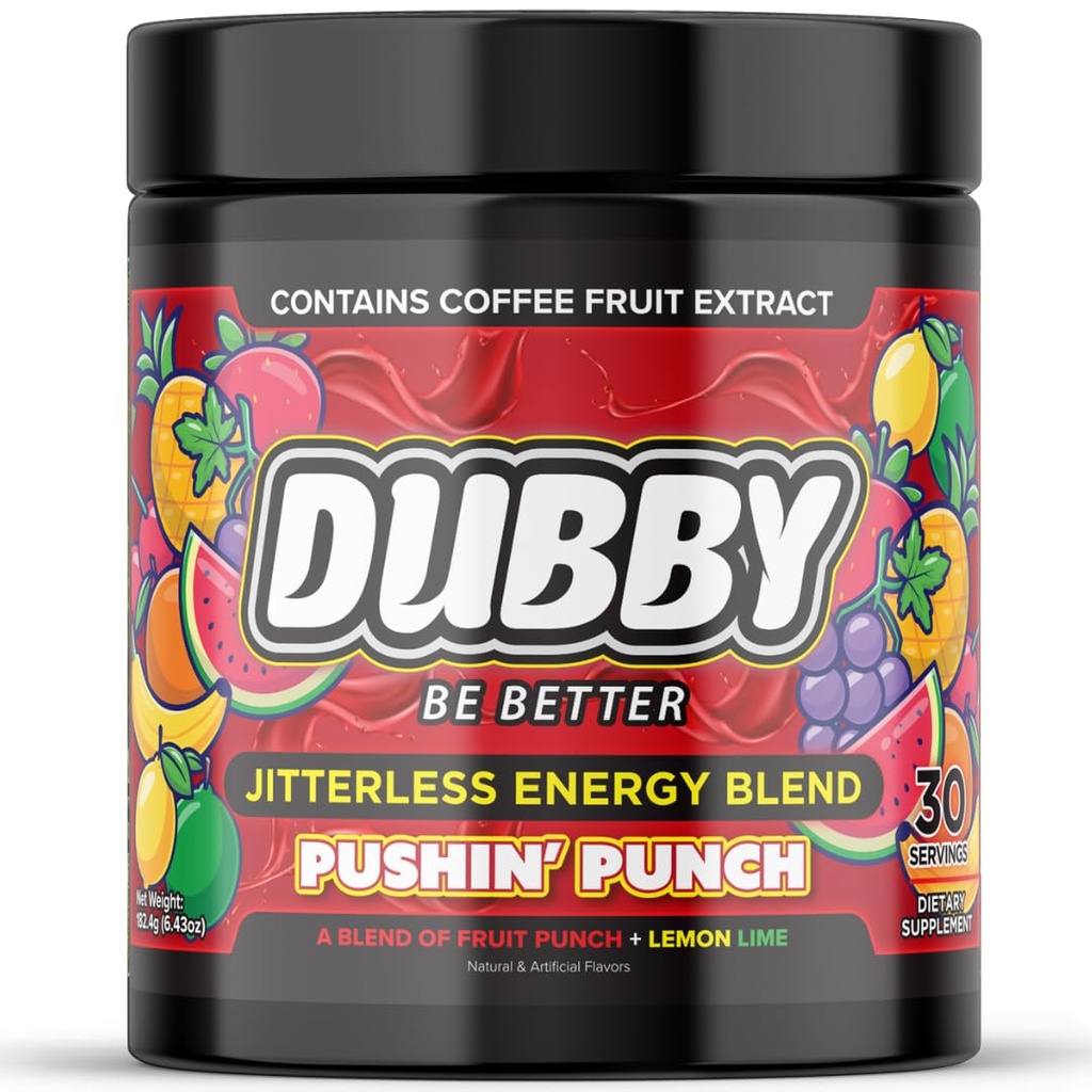 Dubby - Gamer Energy Drink Powder for Gaming - Sugar Free Energy Drinks, Nootropics Jitter-Free Natural Energy Powder, Fruit Punch Lemon Lime Flavor, 30 Serving, 5.61 Ounces (Pushin Punch)