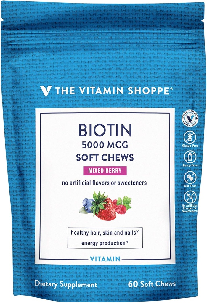 Η βιταμίνη Shoppe Biotin μαλακά μάσημα για τα μαλλιά, το δέρμα και τα νύχια - 5.000mcg - μικτή μούρα (60 μαλακά μάσημα)