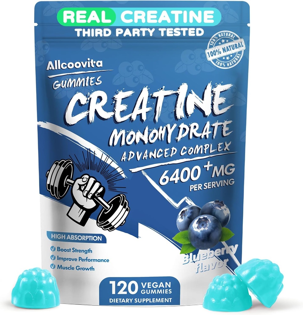 Erkekler ve Kadınlar için Kreatif Monohidrat Gummies Kompleks - 120 Gummies Advanced Formula, L-Taurine + Vitamin B12 Kas Güçlü, Kas Builder, Enerji Boost, Pre-Workout Supplement - Blueberry