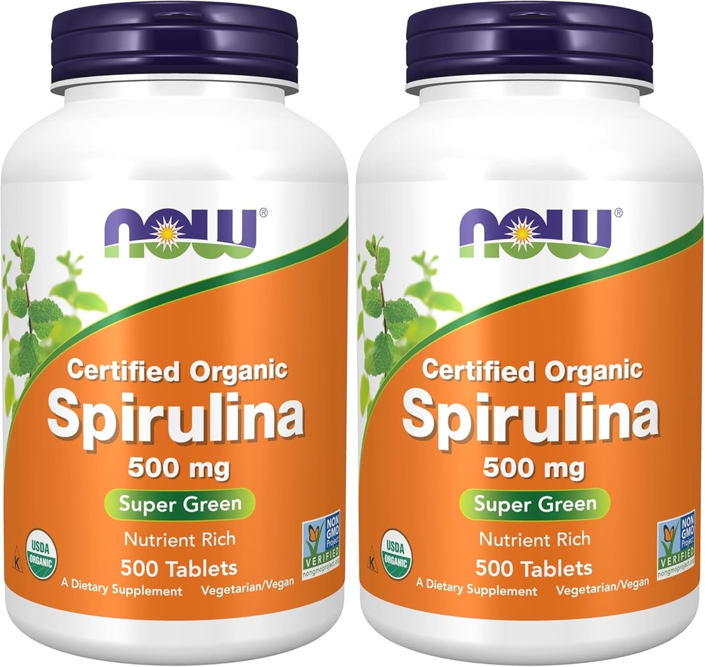 NOW Supplements, Organic Spirulina 500 mg with Vitamins, Minerals and GLA (Gamma-Linolenic Acid), 500 Tablets (Pack of 2)