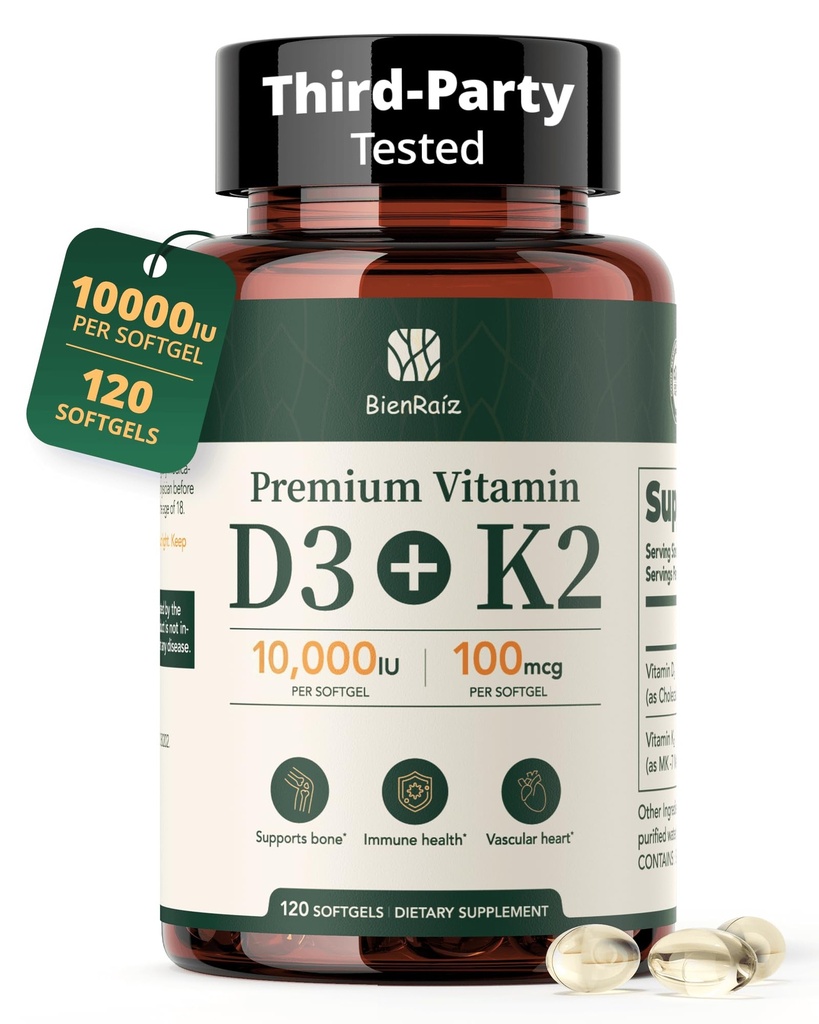 Vitamin D3 K2 10000IU 100mcg MK-7, 120 Softgels, Gluten Free, 2-in-1 K2 D3 Vitamin Supplement for Bone & Heart Health, Immune Support, Energy & Better Calcium Absorption, 4-Month Supply