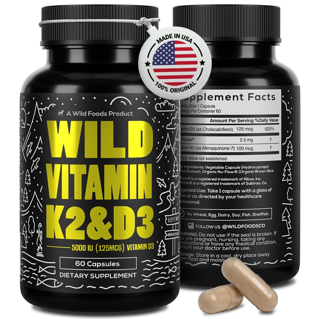 Wild Foods 5000iu Vitamin D3 + K2 | (100mcg Mk7) with Black Pepper Extract, Plant-Based, Non-GMO, Soy & Gluten-Free | Dietary Supplement | Made in USA | 60 Caps (Pack of 2)