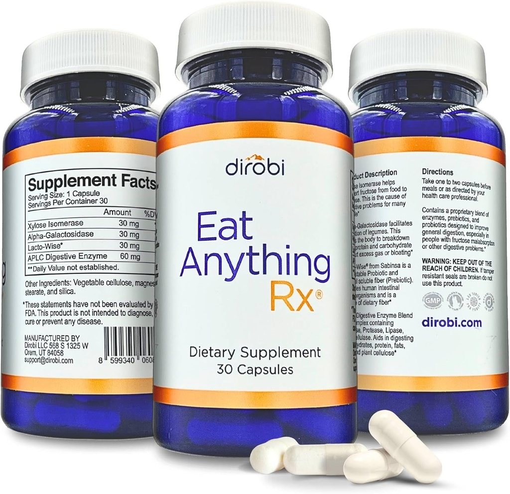 Dirobi, Xylose Isomerase Fructose Malab Metaboli Enzymes, FENGAP Tamam, Daha İyi Lactose için Digestive Enzymes, Fat, protein & Carbohidrat Digestion Gas & Bloating Relief 30 Capsulestion Gas & Bloating Relief 30 Capsules