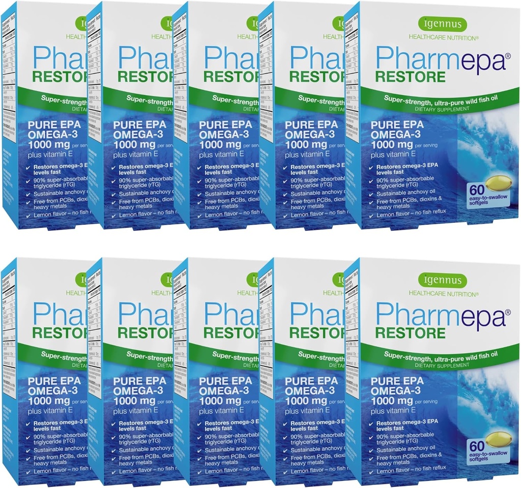 Igennus Pharmepa Restore, Pure EPA 1000mg, Omega 3 rTG Fish Oil, IFOS Certified, High Absorption, 90% Concentration Triple Strength, Wild & Sustainable, Lemon Flavor, 10-Month Supply, Pack of 10