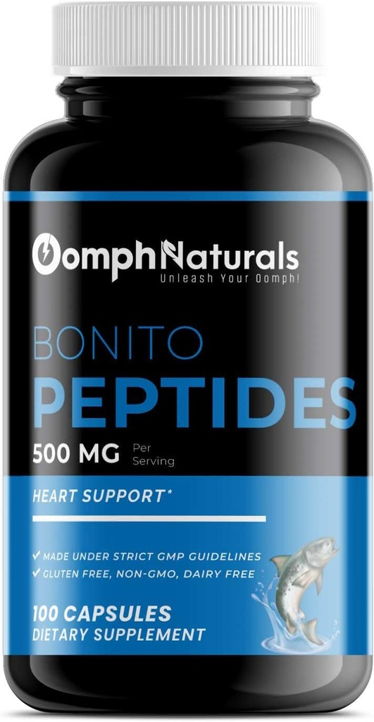 Bonito Peptides, 500 mg Bonito Fish Extract, 100 Capsules 100 Day Supply, Non-GMO, Gluten Free, Supplement for Heart Health Health