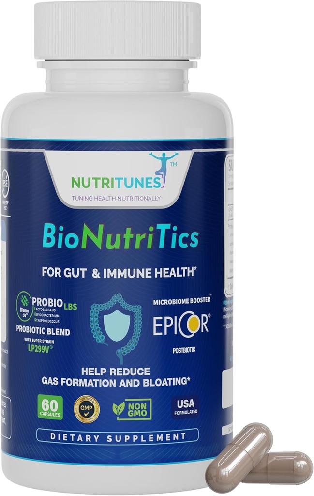 BioNutriTics – Probiyotiks ProBio LBS + Postbiyotik EpiCor® for Gut Health, Immune Support Digestive Comfort from Occasional Gas and Bloating – 60 Capsules