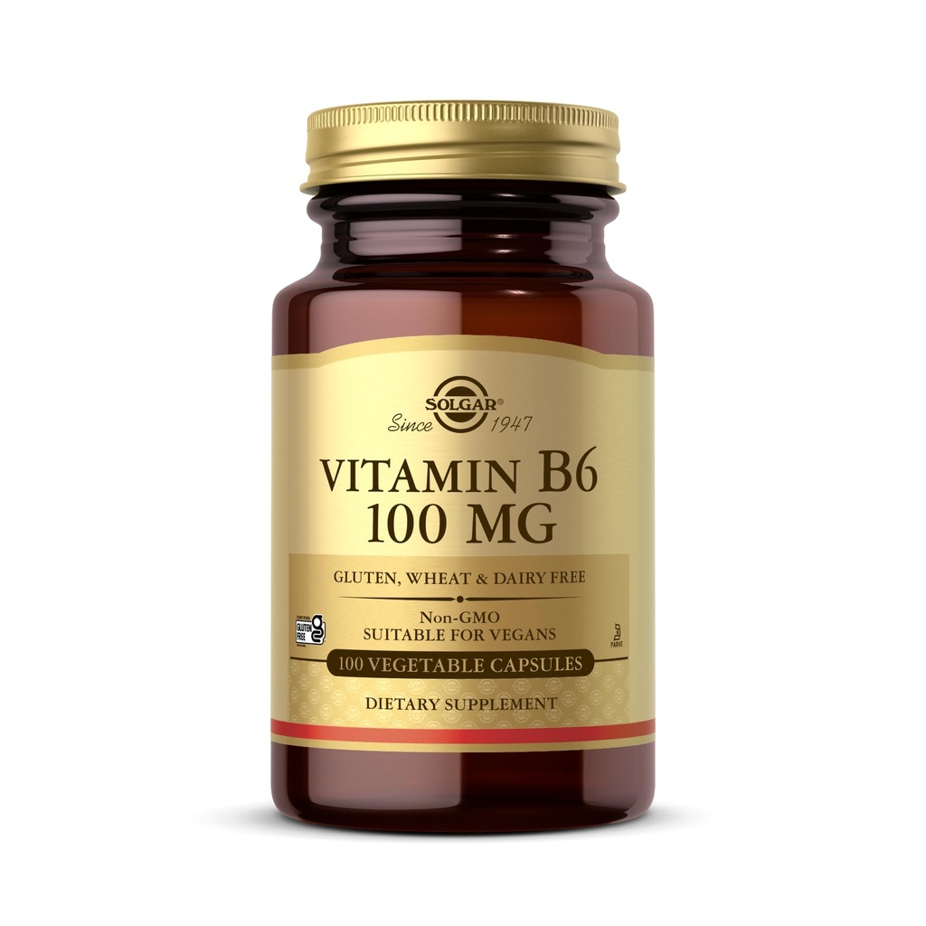 Solgar Vitamin B6 100 mg - 100 κάψουλες λαχανικών - Μη ΓΤΟ, Vegan, Χωρίς γλουτένη, Χωρίς γαλακτοκομικά, Kosher, Hanal - 100 Σερβιέτες