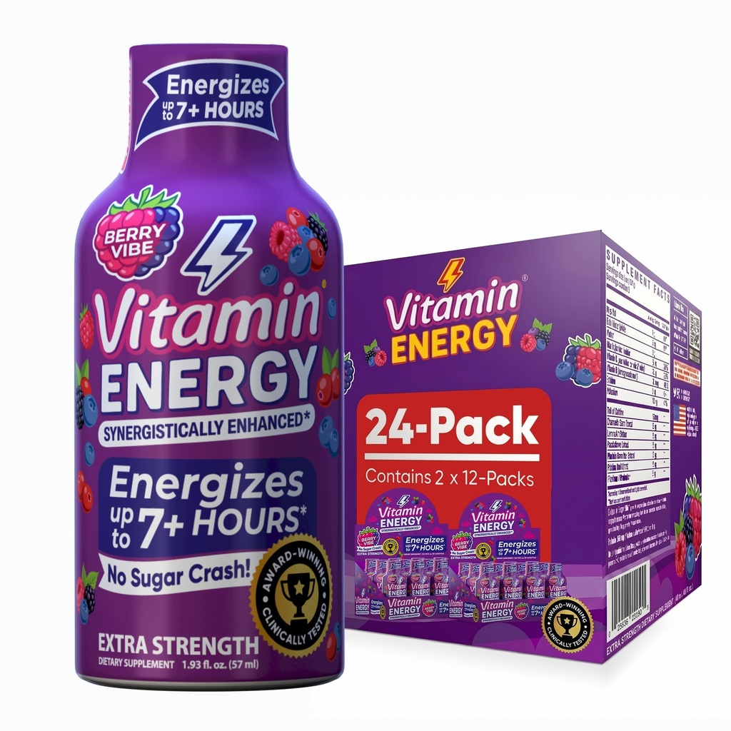 Energy Mood + Ekstra Güçlü Enerji Shot Tropikal Berry 24 Pack, 260 mg Natural Caffeine, B-Vitamins, Rhodiola, Chamomile, Mood & Energy Support, Zero Sugar, Gluten-Free, Vegan, 1.93 fl ozzz
