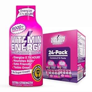 Vitamin Energy Mood+ Extra Strength Energy Shot Tropical Berry 24 Pack, 260mg Natural Caffeine, B-Vitamins, Rhodiola, Χαμομήλι, Mood & Energy Support, Zero Sugar, Χωρίς γλουτένη, Vegan, 1.93 fl oz