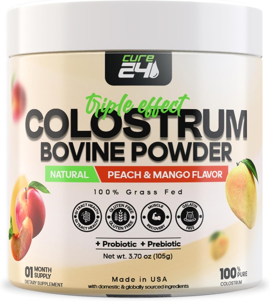 Bovine X3 İnsanlar için Colostrum Supplement Toz, 100% Pure Whole Natural Grass Fed Superfood, High IgG, Plus Probiyotik & Prebiyotik, Natural Peach-Mango Flavor, Made in USA