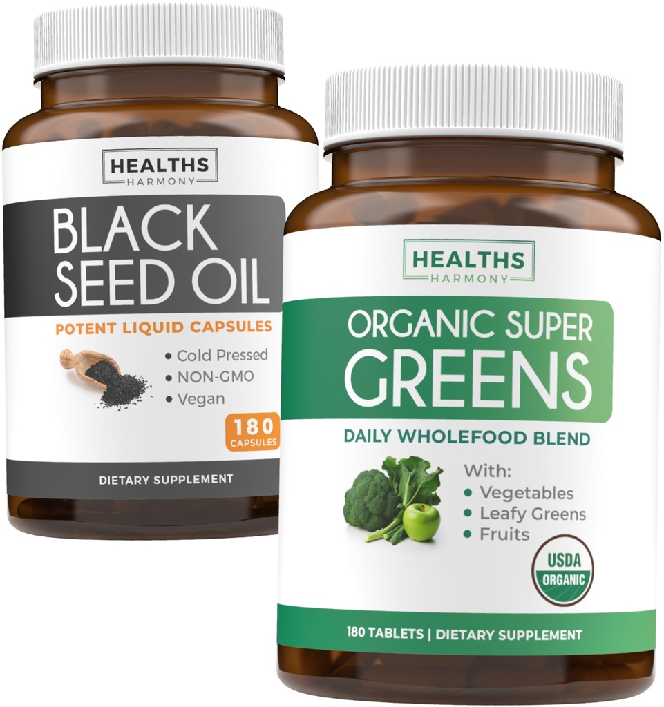 Black Seed Oil & Organic Super Greens (3-Month Supply) Tohum & Sprout Sche of Black Seed Oil (180 Capsules) Cold-Pressed Nigella Sativa & Organik Super Greens Toz (180 Tablet) Tamam Superfood