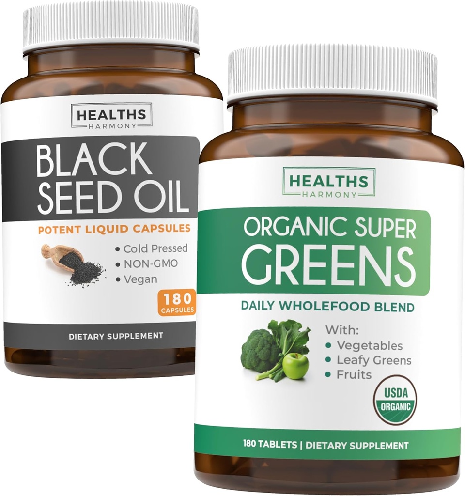 Black Seed Oil & Organic Super Greens (3-Month Supply) Tohum & Sprout Sche of Black Seed Oil (180 Capsules) Cold-Pressed Nigella Sativa & Organik Super Greens Toz (180 Tablet) Tamam Superfood