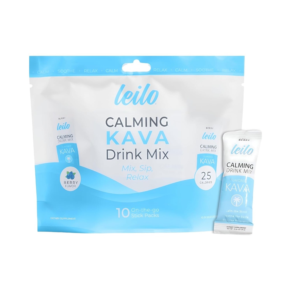 LEILO Calming Kava Drink Mix | Berry Flavored toz to Support Relaxation | Non-Alcoholic/Adaptogen Mocktail Mix | (10 Ct./Servings)