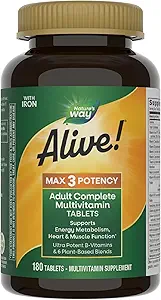 Doğanın Yolu Alive! Max3 Potency Daily Multivitamin, Metilated B12 ve Folate, Ultra Potency B-vitamins to Support Energy Metabolism*, 180 Tabletler