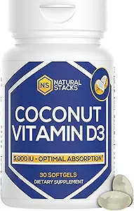 NATURAL STACKS Vitamin D 5000 IU Supplement - Optimal Aborpsiyon için Coconut Yağı - Immunity & Hücre Büyümesi Için D3 125mcg Cholecalciferol Supplement - 30 D3 Hizmetler