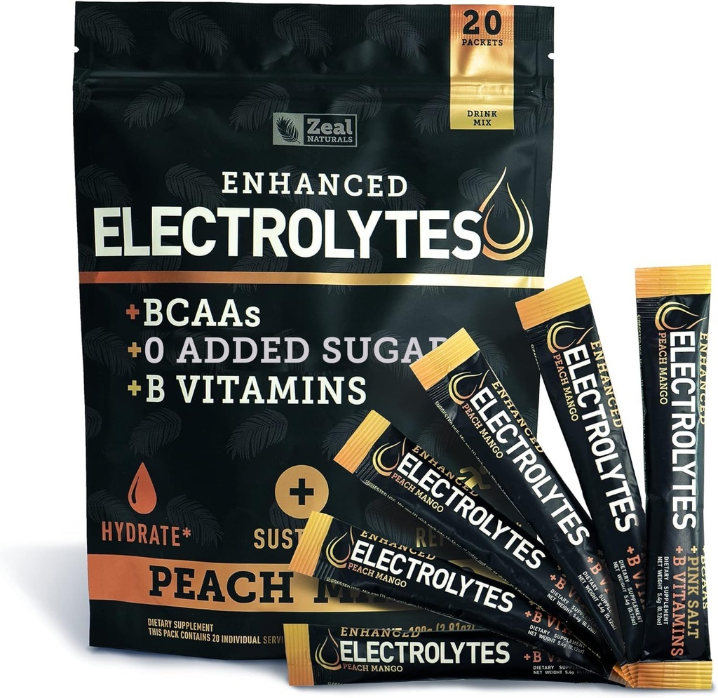 Enhanced Electrolyte Powder (Peach Mango 20pk.) w 0 Sugar +BCAAs +B-Vitamins Electrolyte Supplement w Potassium Zinc & Magnesium for Hydration - Keto Electrolytes