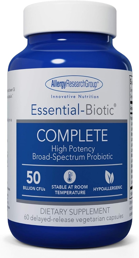 Antivirüs Araştırma Grubu Essential-Biotic Complete Supplement Supplement - Erkekler ve Kadınlar için Yüksek Lisans Probiyotikleri Gut & Digestive Health, 50 Milyar CFUs, Gecikmiş-Release Vegetarian Capsules - 60 Count