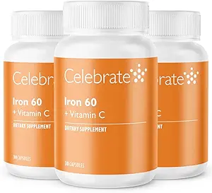 Celebrate Vitamins Iron Supplement with Vitamin C - 60mg Iron, 60mg Vitamin C, Bariatric Vitamins for WLS Patients, Vertical Sleeve & Gastric Bypass Surgery (90 Capsules)