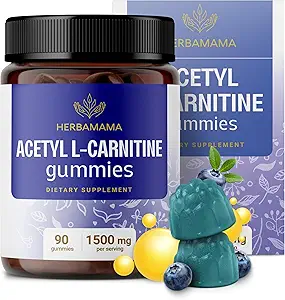 HERBAMAMA ALCAR Acetyl L-Carnitine 1500 mg Gummies - L Carnitine Supplement for Energy, Focus & Brain Support - Vegan, Non-GMO - 90 Pectin-Based Blueberry-Flavored Chews