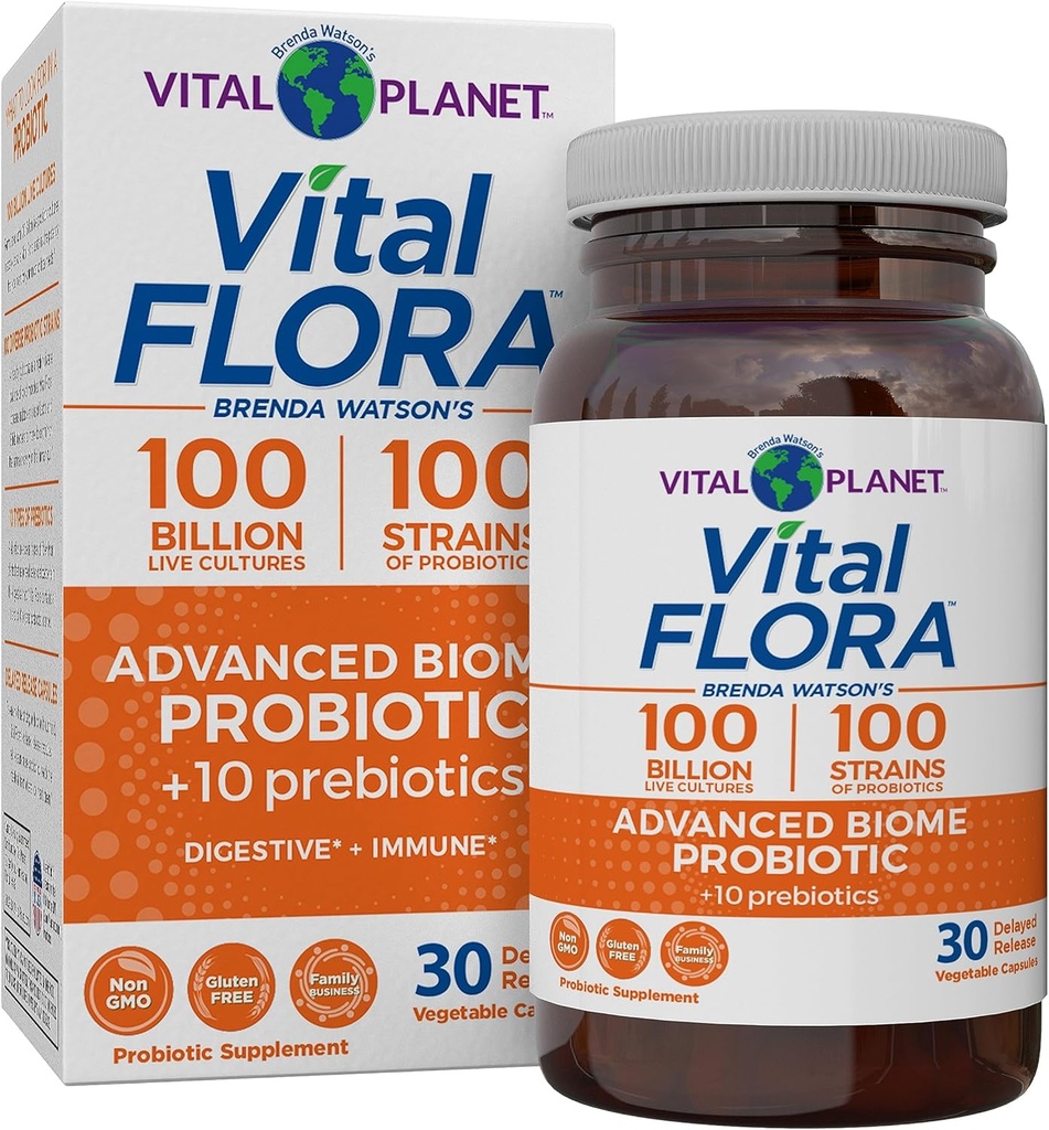 Vital Planet - Vital Flora Advanced Biome Probiyotik 100 Milyar CFU, 100 Diverse Strains, 10 Organik Prebiyotik, Immune Support, Colon and Digestive Health Probiyotiks for Women and Men 30 Capsules