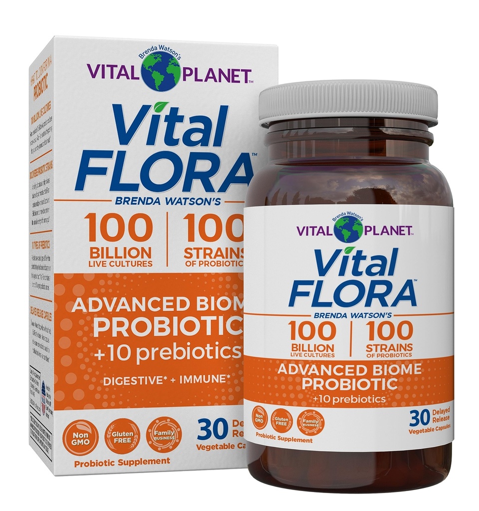 Vital Planet - Vital Flora Advanced Biome Probiyotik 100 Milyar CFU, 100 Diverse Strains, 10 Organik Prebiyotik, Immune Support, Colon and Digestive Health Probiyotiks for Women and Men 30 Capsules