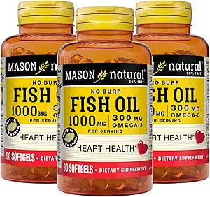 Mason Natural Omega,3 Fish Oil, 45,Day Supply, EPA ve DHA ile Ortak Destek için 1000 mg, 90 Softgels (Pack of 3)