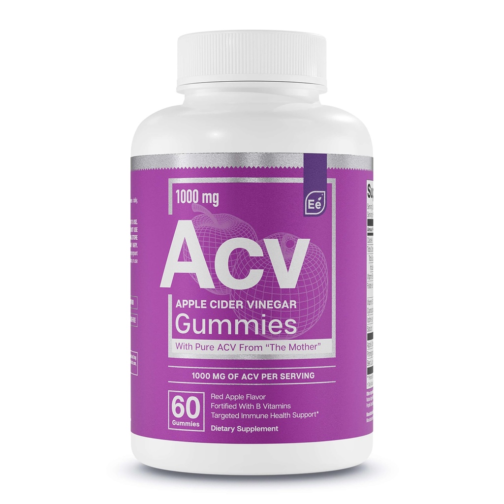 Temel Elements Apple Cider Vinegar Gummies from The Mother - Natural-Kaynak, Vegan ACV with Folic Acid and Vitamin B6 & B12 60 Count