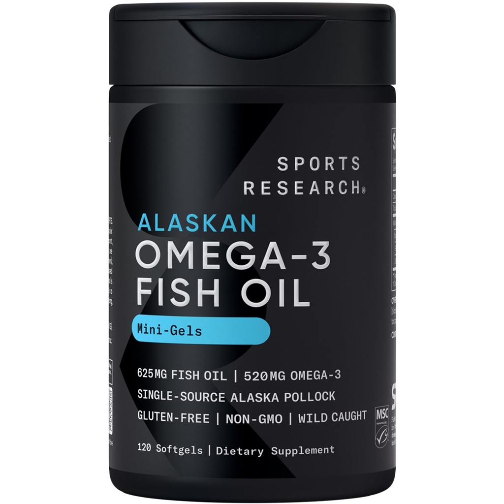 Sports Research® Omega-3 ­­Fish Oil Mini-Softgels - Sourced from Wild Caught Alaska Pollock - Burpless, Bovine Free, Non-GMO, & MSC Certified Sustainable - 120 Count