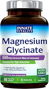 Innate Vitality Magnezyum Glycinate 500 mg | 70 mg Elemental Supplement- High Abors, Non Buffered, Non-GMO & No Gluten - Nerve, Bone & Heart Health - 60 Vegan Capsules Magnesio