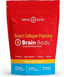 Brain Body Collagen Peptides Powder - Vital Protein & Collagen Supplement for Women & Men - Hydrolyzed Type I & III for Hair, Skin, Nails & Joint Health - 25 Servings - Creamy Vanilla Coconut - 875g