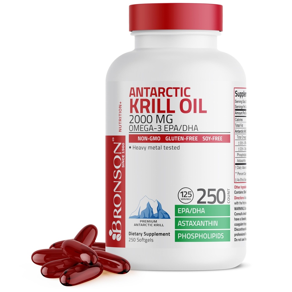 Bronson Ανταρκτική Krill Oil 2000 mg με Omega-3s EPA, DHA, Ασταξανθίνη και φωσφολιπίδια, 250 Softgels (125 Services)