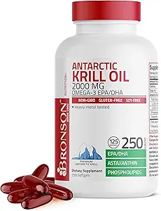 Bronson Antarctic Krill Oil 2000 mg with Omega-3s EPA, DHA, Astaxanthin and Phospholipids, 250 Softgels (125 Servings)
