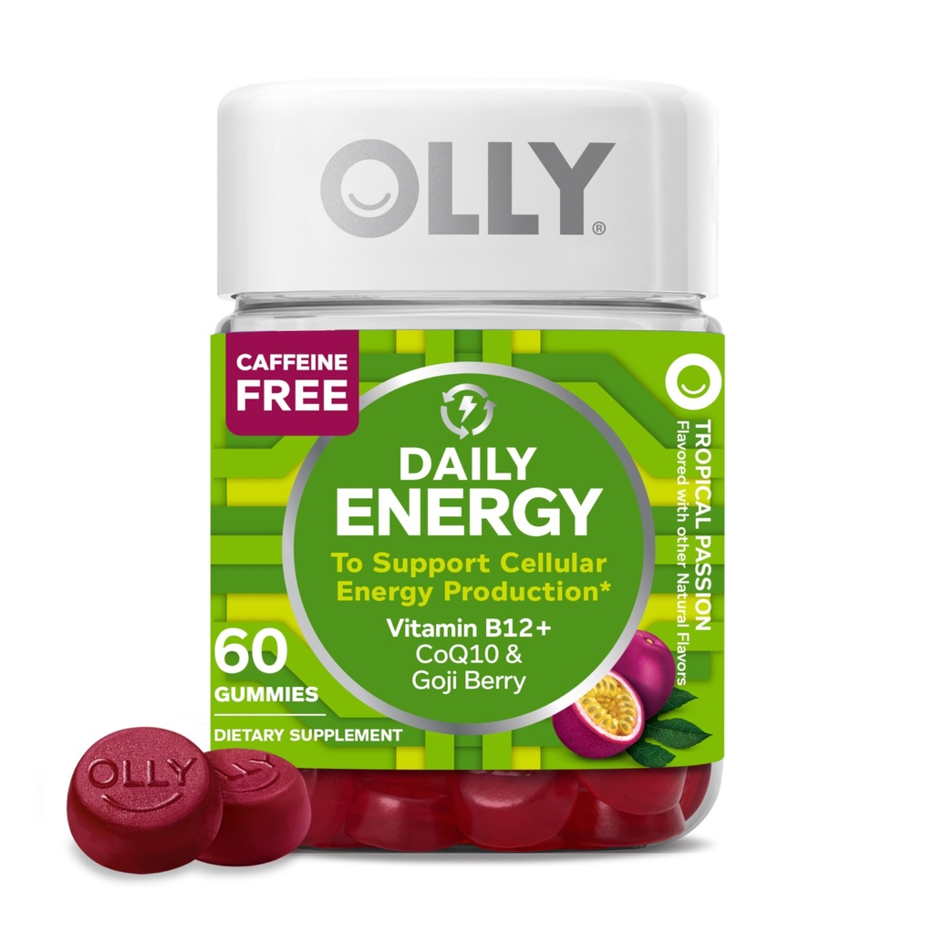 OLLY Daily Energy Gummy, Caffeine Free, Vitamin B12, CoQ10, Goji Berry, Yetişkin Chewable Supplement, Tropikal Flavor - 60 Count