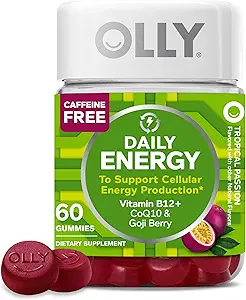OLLY Daily Energy Gummy, Caffeine Free, Vitamin B12, CoQ10, Goji Berry, Adult Chewable Supplement, Tropical Flavor - 60 Count