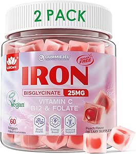 Συμπλήρωμα Vegan Iron για γυναίκες 25mg, χωρίς ζάχαρη Iron Gummies με βιταμίνη C, Methy B12, Folate για την ενίσχυση της ενέργειας, έλλειψη σιδήρου, Όχι μετά τη γεύση, Ροδάκινο Γεύση - 60 Count (Pack of 2)