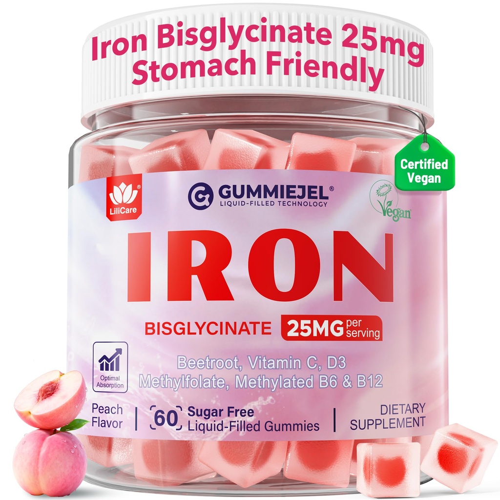 Συμπλήρωμα Vegan Iron για γυναίκες 25mg, χωρίς ζάχαρη Iron Gummies με βιταμίνη C, Methy B12, Folate για την ενίσχυση της ενέργειας, έλλειψη σιδήρου, Όχι μετά τη γεύση, Ροδάκινο Γεύση - 60 Count (Pack of 2)