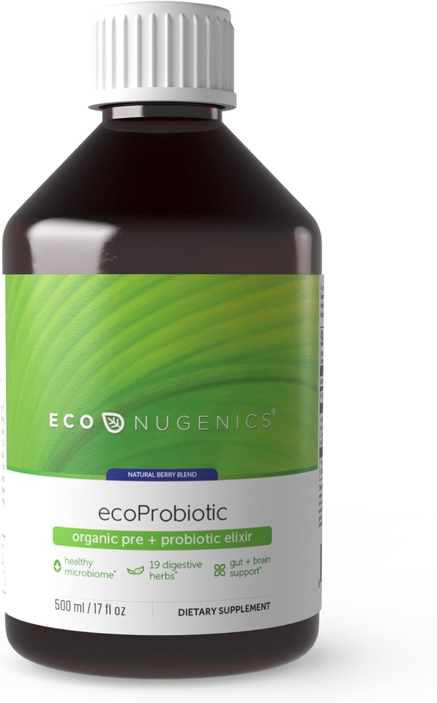EkoNugenics ecoProbiyotik: Probiyotik & Prebiyotik Supplement for Women & Men w/ 19 Digestive Herbs – Microbiome & Gut Health + Immune Function – Live Fermented Liquid Vegan Formula (17 oz)