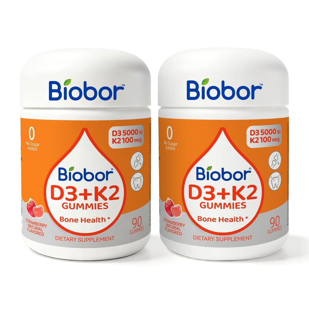 Biobor (2 Pack) Natural Vitamin D3 K2 Gummies, 5000 IU Vitamin D3 & 100 mcg Vitamin K2, Supports Healthy Bone, Immune Health Supplement, No Sugar Added, GMO Free, Gluten Free (Strawberry, 180 Count)
