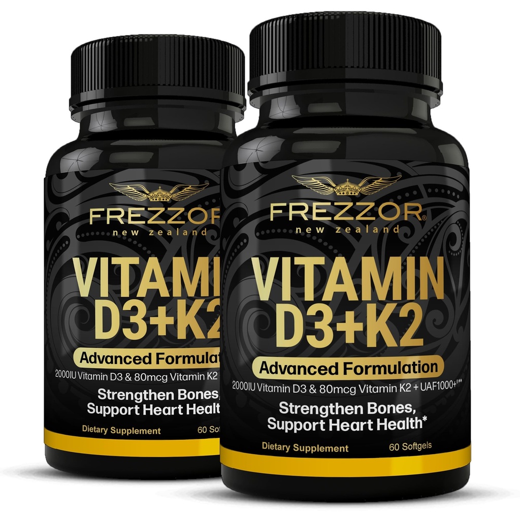 FREZZOR Vitamin D3 and K2 Caps, High Potency D3 2000IU and K2 (MK7) 80mcg, Unique VIT D3 from 100% New Zealand Sheep's Wool Lanolin Cardiovascular Support & Bone Health, 120 Softgels 2 Month Supply