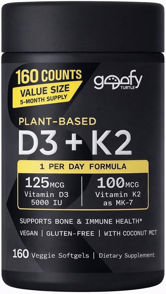 Sports Vitamin D3 K2 with 5000iu of Plant-Based D3 & 100mcg of Vitamin K2 as MK-7, Non-GMO Verified & Vegan Certified - 160 Liquid Softgels