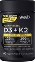 Sports Vitamin D3 K2 with 5000iu of Plant-Based D3 & 100mcg of Vitamin K2 as MK-7, Non-GMO Verified & Vegan Certified - 160 Liquid Softgels