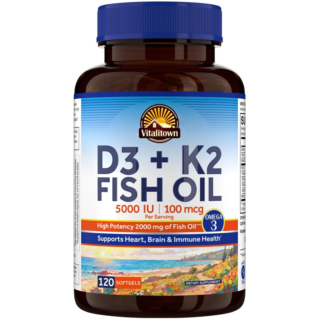 Vitalitown Vitamin D3 K2 with Fish Oil Omega-3 Supplements, 1000mg EPA DHA Omega 3 Fatty Acids from Fresh Wild Caught Fish, Support for Heart & Brain Health, 120 Softgels