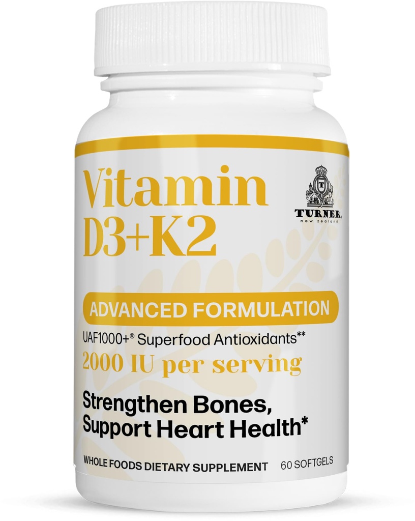 Turner Vitamin D3 and K2 Caps, High Potency D3 2000IU and K2 (MK7) 80mcg, Unique VIT D3 from 100% New Zealand Sheep's Wool Lanolin. Cardiovascular Support & Bone Health, 60 Softgels 1 Month Supply