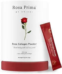 Unichi Rose Collagen Peptides σε σκόνη, Hydrolysed Marine Collagen Type I, III με Βιταμίνες A, C, E σε Rose Πέταλο σε σκόνη για τα μαλλιά, νύχια και την υγεία του δέρματος, 0 Ζάχαρη, 0 Λιπαρά, Rose Petal Γεύση, 30 Υπηρεσίες
