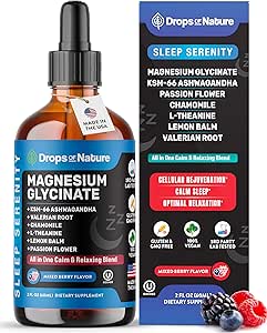 Magnezyum Glycinate & Ashwagandha Liquid Drops with Valerian Root, Chamomile, Passion Flower, Lemon Balm & L-Theanine - Vegan Fast Abors - Tamam for Wellness & Relaxation (Mixed Berry, 60mL)