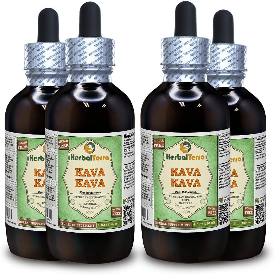 Kava Kava (Piper Methysticum) Γλυκερίτης, αποξηραμένο εκχύλισμα υγρού χωρίς ρίζα αλκοόλη (Όνομα: HerbalTerra, Proudly Made in USA) 4x4 fl.oz (4x120 ml)